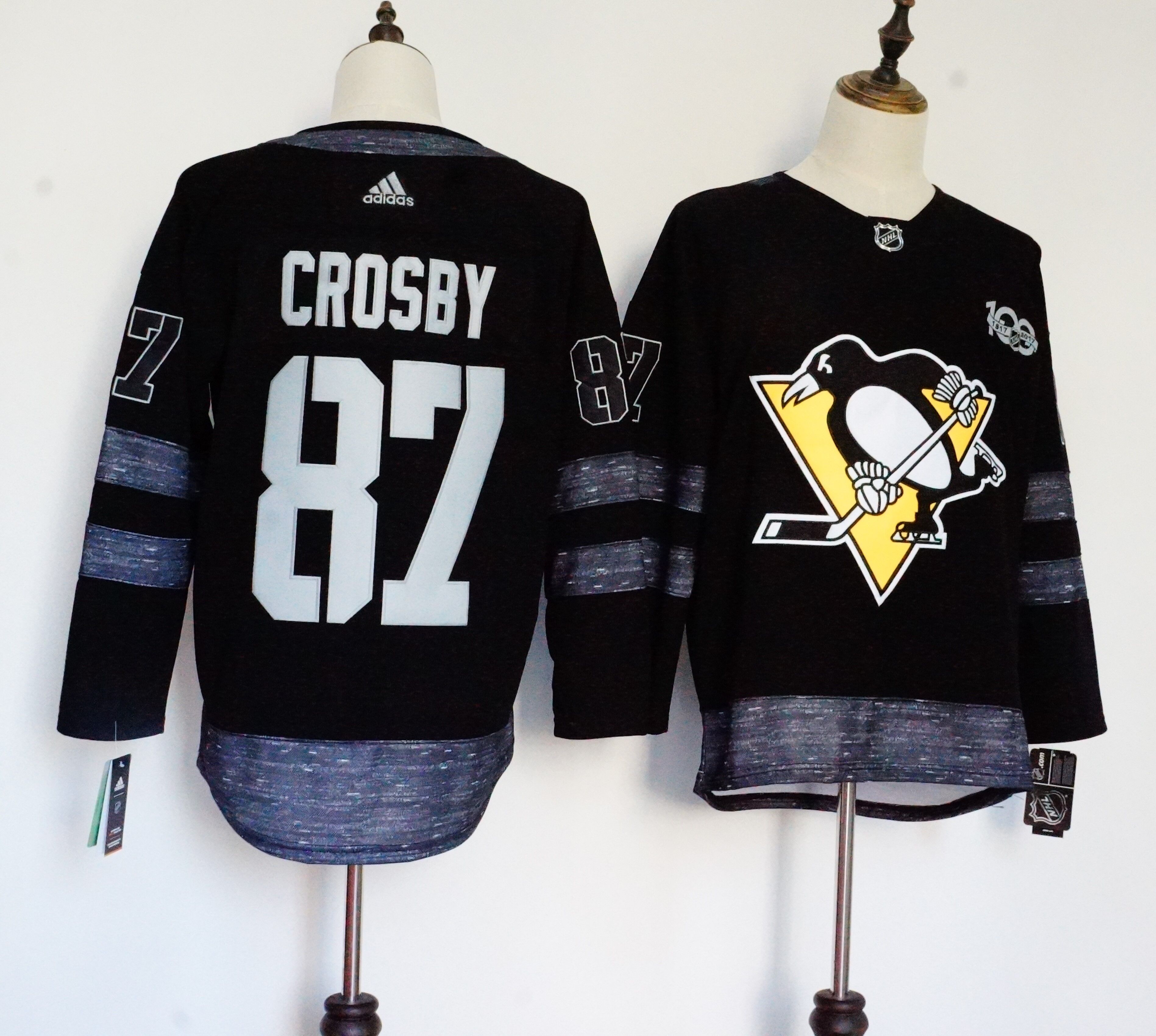 Men Pittsburgh Penguins 87 Crosby Black 100th Anniversary Stitched Adidas NHL Jerseys